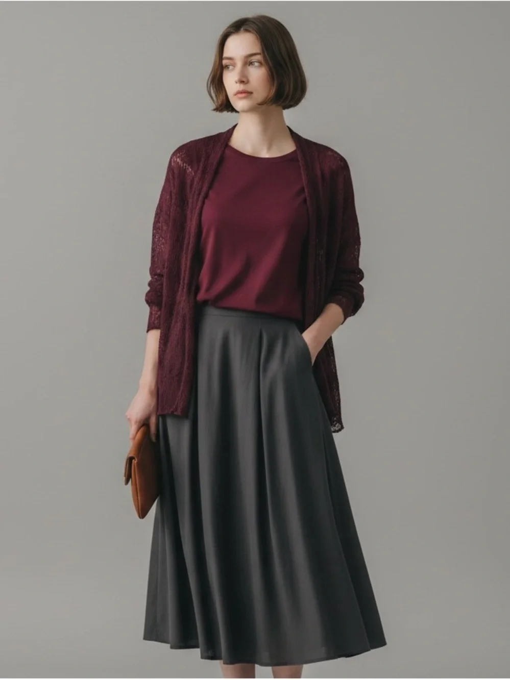 Eileen Fisher 2-Pc Twin Set Silk Top w/ Lace Cardigan Burgundy M/L
